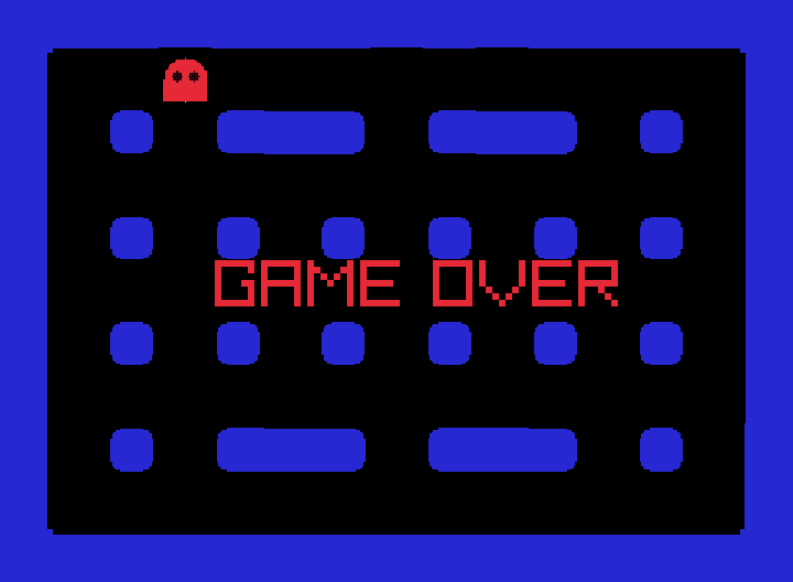 GAME OVER：紅色的鬼和小精靈在同一格，畫面中央出現 GAME OVER