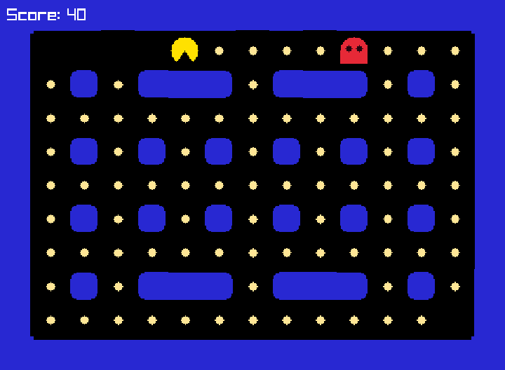 完成的 Pac-Man：藍色迷宮裡有黃色小精靈、紅色的鬼和許多豆子，左上角顯示分數